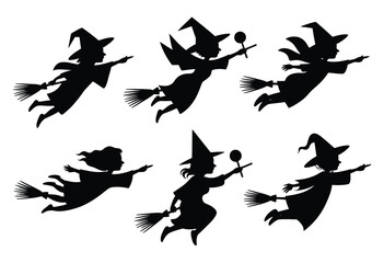 Obraz premium Six flying witch silhouettes vector illustration set for halloween party decorations and digital designs silhouette vector illustration white background