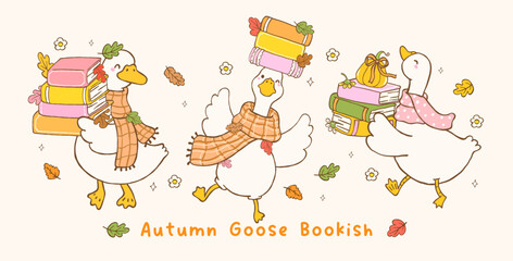 Cute Autumn Bookish Silly Goose Fall Reading Book Cartoon Hand Drawn Banner