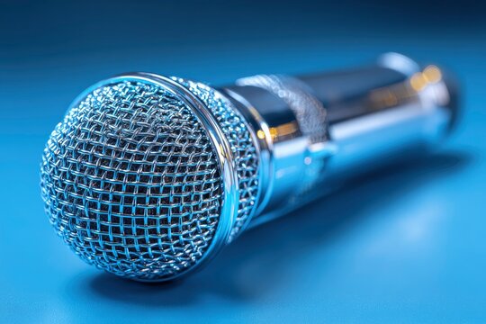 Closeup of a silver microphone with a wiremesh head on a blue surface