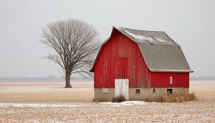 Obraz premium Snow-covered red barn stands resilient in expansive farmland against a tranquil winter landscape