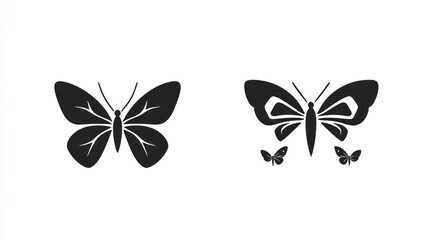 Butterfly silhouettes, two different designs, graphic illustrations, isolated on white background, for educational or design use