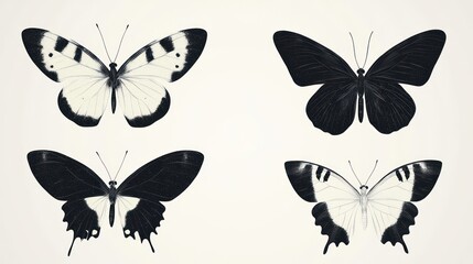 Four butterflies, black and white, digital art, graphic design, aesthetic