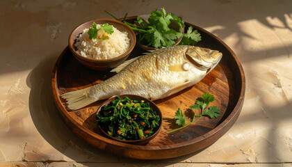 Whole Fish with Seasoned Rice and Greens – Balanced Meal in Natural Light for Culinary Pinterest Posts  