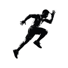Silhouette of a muscular man sprinting forward with arms raised on a white background image