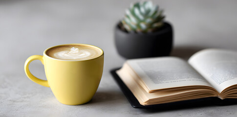 yellow coffee cup with cappuccino beside black open notebook and small succulent plant on table, minimal modern workspace concept showing morning routine, creativity, lifestyle and productivity