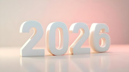 Large white 3D numbers form 2026 on a glossy surface with a soft pink gradient background. Concept Large white 3D numbers forming 2026, Glossy reflective surface, Soft pink gradient background