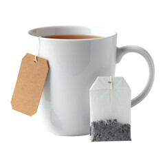 White mug with brewed tea, tea bag next to it, and a blank label hanging