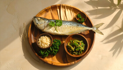 Whole Fish with Rice and Leafy Greens on Wooden Tray – Serene Natural Light Food Styling for Instagram  