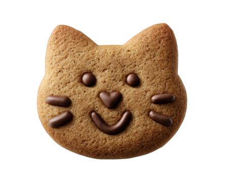 Cute cat face biscuit with chocolate detail, happy smiling cookie snack food. An isolated baked good featuring brown texture and sweet treat design on transparent background