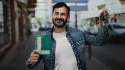 Man with beard holding car keys and l sign outdoors on street, conveying excitement about new driving privileges.