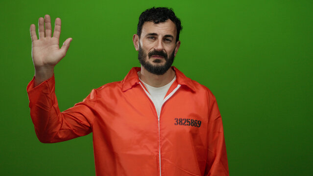 Hispanic man with beard in orange prison jumpsuit stands against green background, raising hand with somber expression, reflecting themes of imprisonment and identity.
