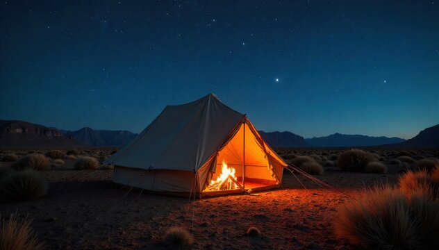 Desert Campfire Ambiance A canvas tent pitched in a vast desert landscape at night. A warm, crackling campfire burns nearby, casting an orange glow. The sky above is exceptionally clear and filled