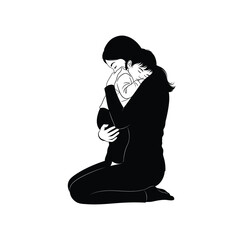A minimalist black and white illustration of a mother kneeling and holding her sleeping child silhouette