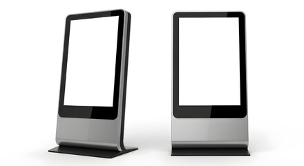 Two blank digital display kiosks isolated on white background for retail advertising mockup