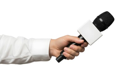 Hand holding black press microphone with blank white flag for interviewing isolated on white background