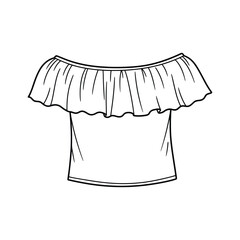 Illustration of a white off the shoulder top with a ruffled neckline on a white background silhouette