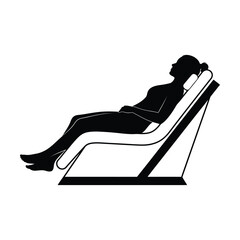 A silhouette of a woman reclining on a modern lounge chair with a headrest in black and white