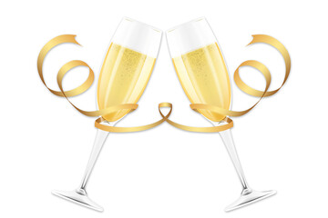 Champagne glasses clinking to celebrate a golden event