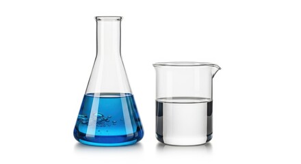 Scientific chemistry glassware beaker and flask with blue liquid isolated on white background