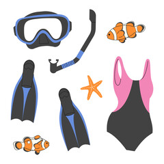 Diving equipment elements set, PNG illustration.