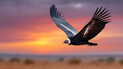 Fototapeta premium Andean condor flying at sunset with outstretched wings