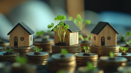 Miniature houses growing on stacks of coins, symbolizing investment in real estate. Use stock photo