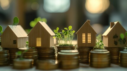 Miniature houses on coins, investment, real estate