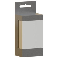 Gray and Beige Cardboard Retail Box Packaging With Blank White Label and Hanging Tab Isolated On White Background Studio Shot