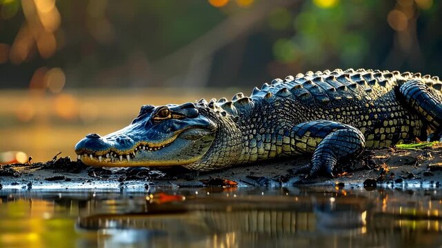 Wild Yacare Caiman Resting on a Muddy Riverbank in the Jungle.