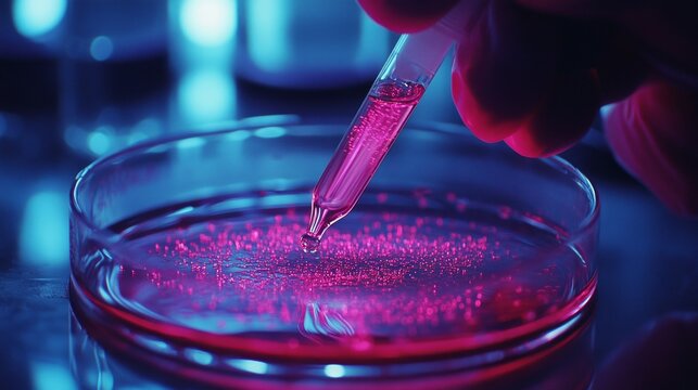 Laboratory analysis with pink liquid in a test tube and Petri dish — suitable for articles on science, medicine, and virus research.