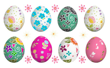 Colorful Easter eggs with floral designs and flowers