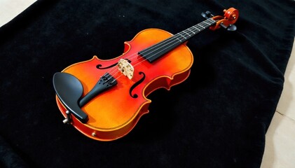 Fototapeta premium Violin Resting on a Velvet Cloth, Elegant Still Life A violin on dark velvet cloth, elegant still life composition, dramatic lighting, rich colors, highly detailed