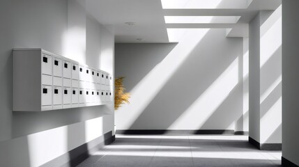 Fototapeta premium Modern hallway with mailboxes and sunlight