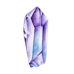 Bright colorful amethyst crystal mineral stone watercolor illustration. Hand drawn vibrant shiny amethyst gemstone mineral element isolated on white background