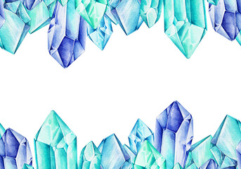 Crystal seamless border decor element watercolor illustration. Hand drawn vibrant shiny blue gemstone mineral decoration on white background