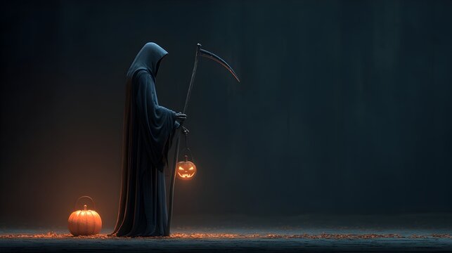Dark Grim Reaper Character Holding Pumpkin Lantern For Halloween Celebration