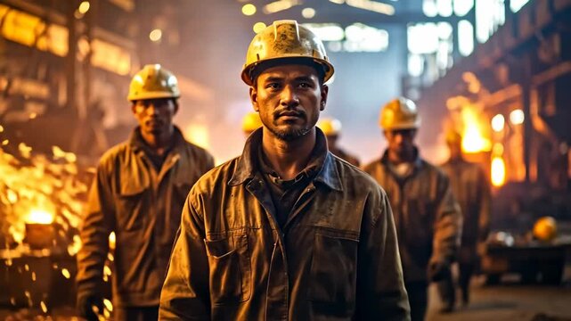 Determined Workers in Hard Hats Stand in a Fiery Industrial Factory Setting.