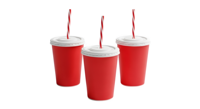 Three refreshing red cold drinks with striped straws and white foamy lids isolated on black isolated on transparent background - Powered by Adobe