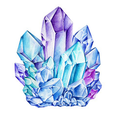 Watercolor illustration of bright colorful crystal mineral cluster. Hand drawn vibrant shiny precious gemstone minerals in blue and amethyst colors element on isolated on white background