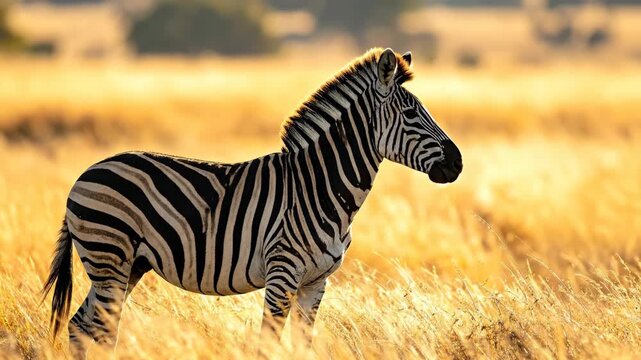Majestic zebra standing in a golden sunlit African savanna.