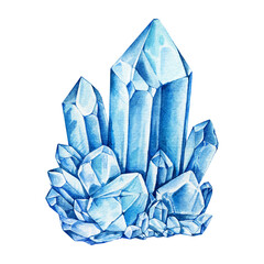 Bright colorful blue crystal mineral cluster watercolor illustration. Hand drawn vibrant shiny gemstone minerals element isolated on white background