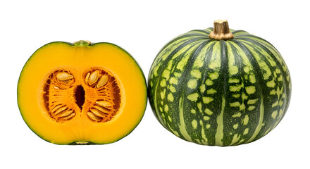 Freshly cut pumpkin with vibrant orange flesh and striped green skin isolated on transparent background