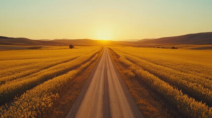 Sunrise over country road through golden field. Drone shot. Possible use for travel brochure