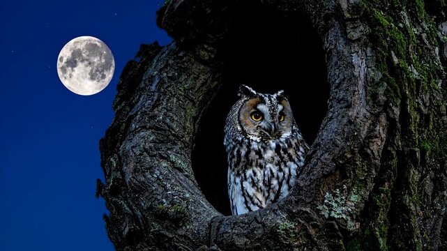 Long Eared Owl Perched in a Tree Hollow at Night with a Full Moon.