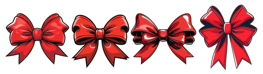 Set of Shiny Red Gift Bows with Ribbons, Isolated on Transparent Background