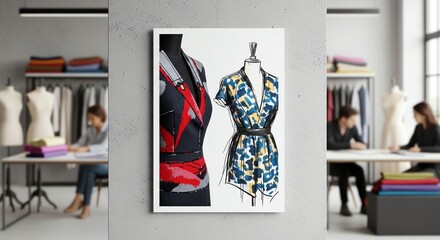 Fashion design studio with sketches of garments and creative professionals at work