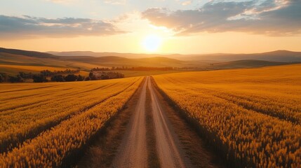 Golden field road at sunset. Aerial view. Possible use for travel and nature photography