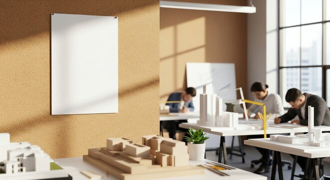 Architectural office workspace featuring mockup poster and building design models - Powered by Adobe