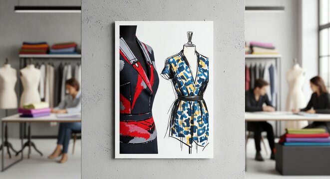 Fashion design studio with sketches of garments and creative professionals at work - Powered by Adobe