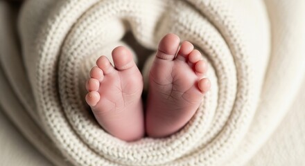Tender photo of newborn baby feet swaddled in soft white woolen blanket for maternity concept.